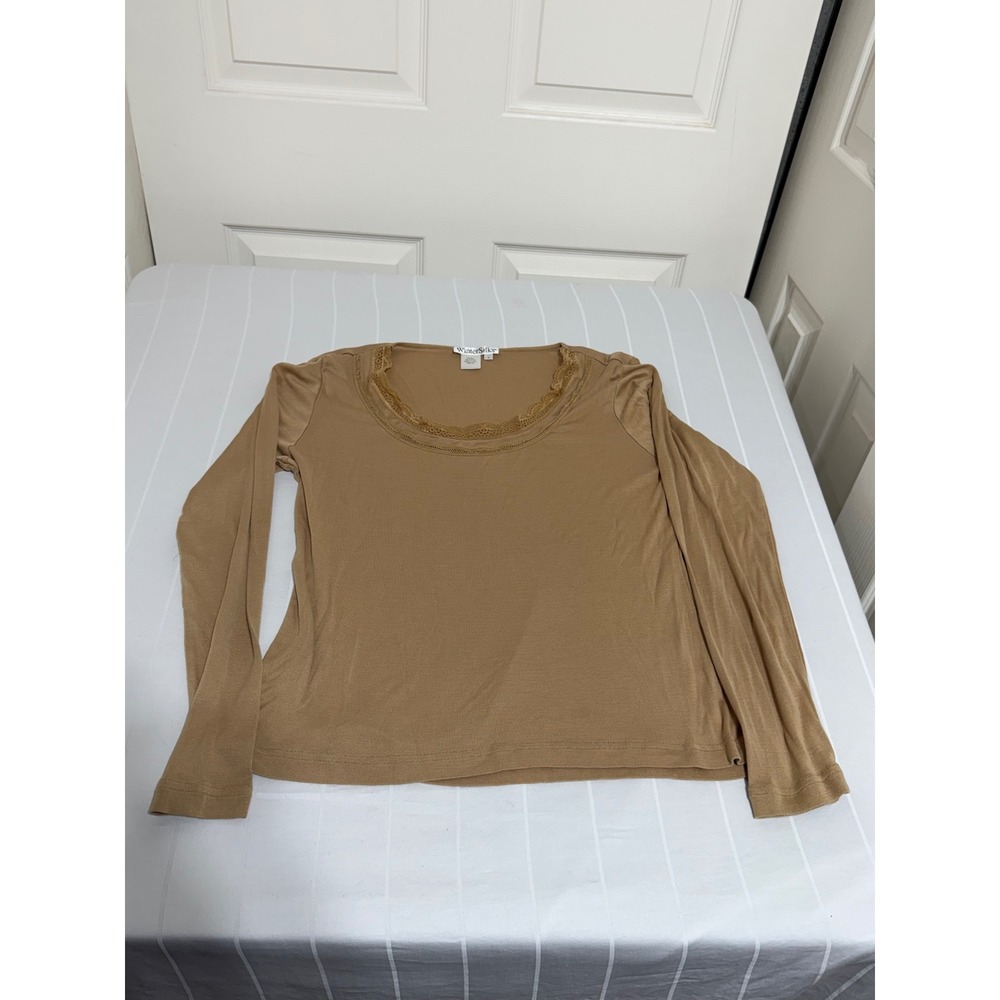 WinterSilks Silk Cotton Lace Trim Scoop Neck Long Sleeve Top Camel Tan Large